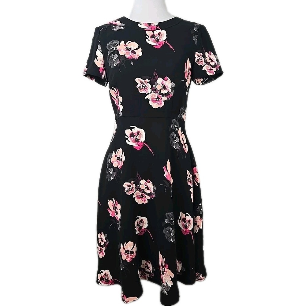 Talbots Size 2 Black Floral Short Sleeve Fit And Flare Business Dress